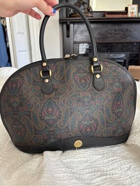 1996 Liz Claiborne Paisley Dome Satchel Bag Real Leather Trim with Gold Hardware